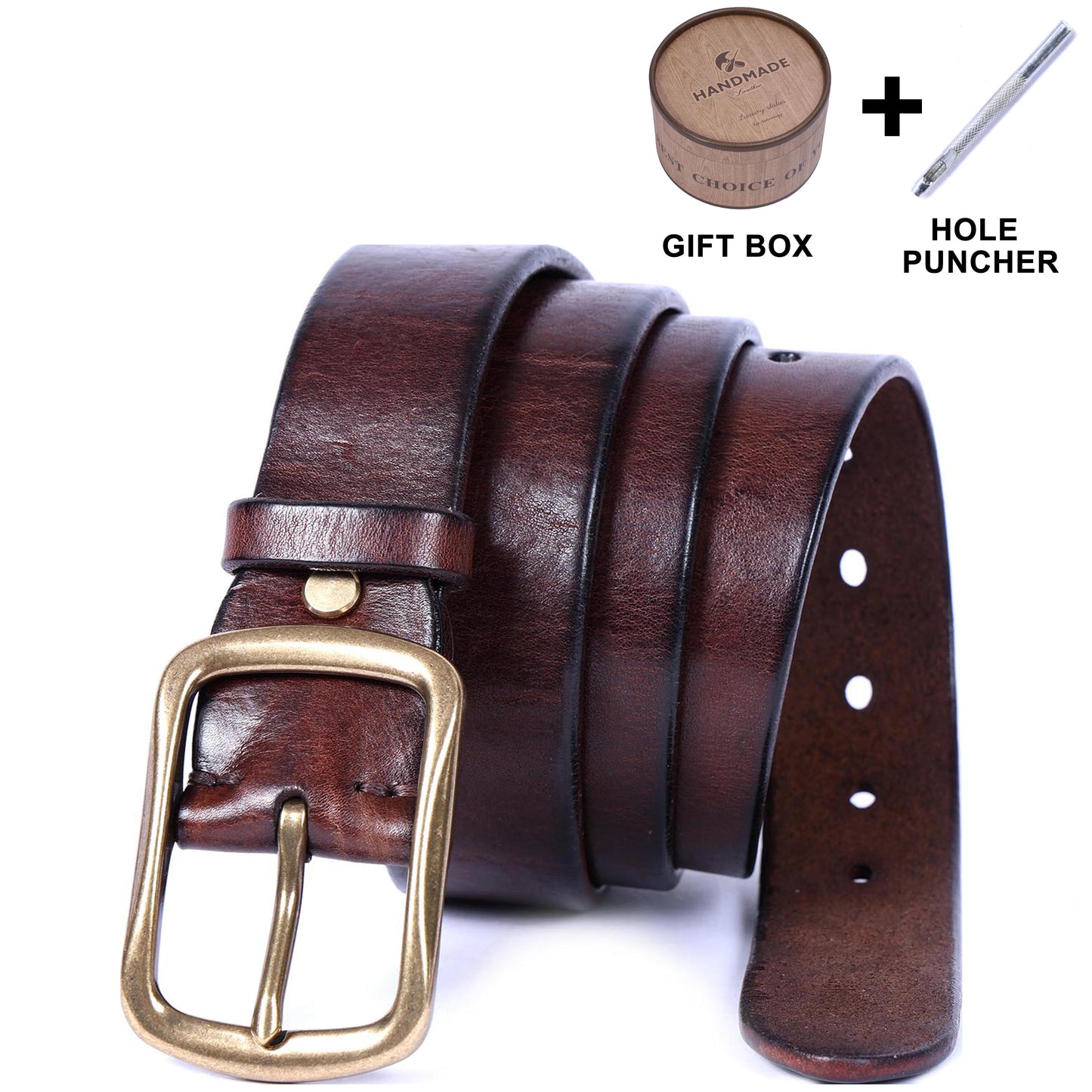 Vintage Genuine Leather Men's Belt |Thick Full Grain | With Solid Brass Buckle | WIECZNE Leather