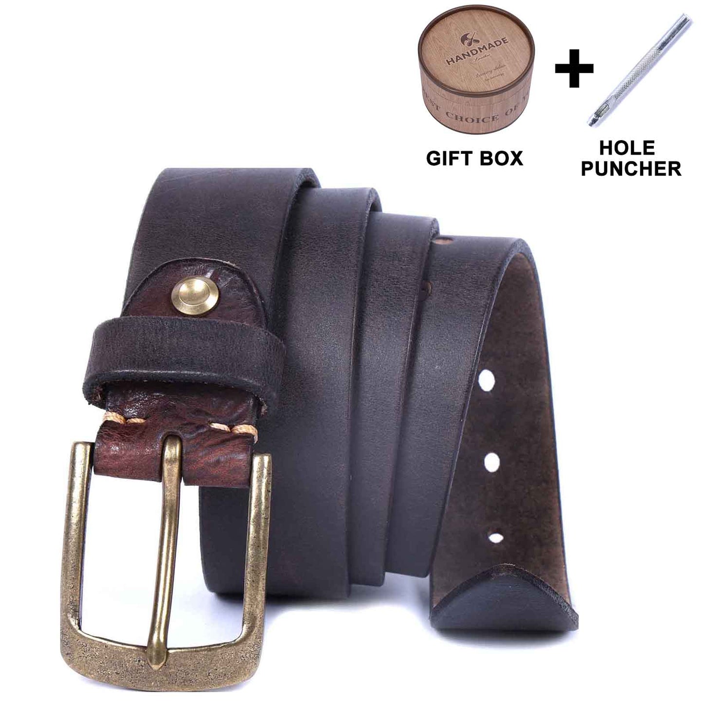 Thick Full Grain Men's Belt | Genuine Leather & Vintage Brass Buckle