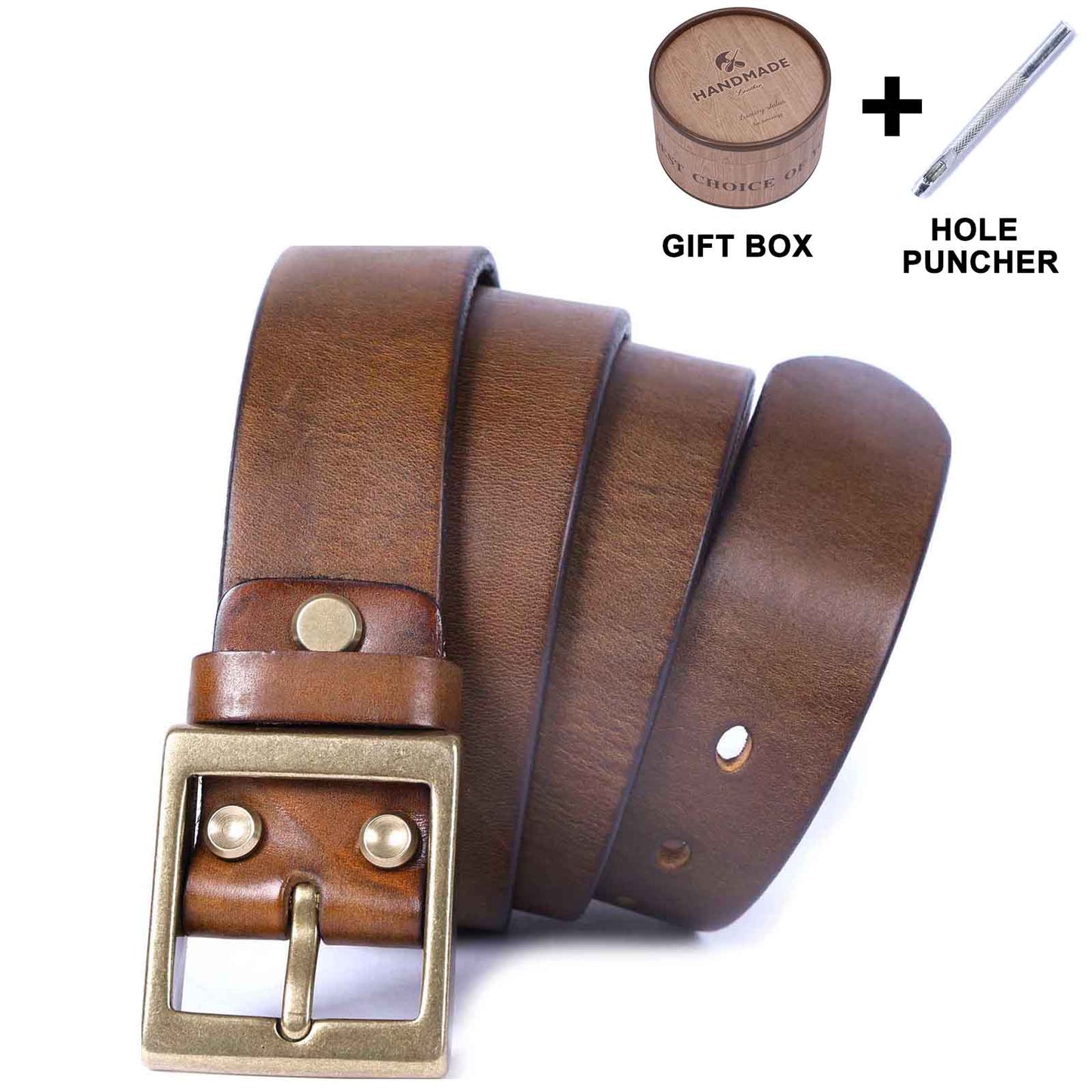 Genuine Leather Men's Belt | Thick Full Grain | Solid Brass Buckle