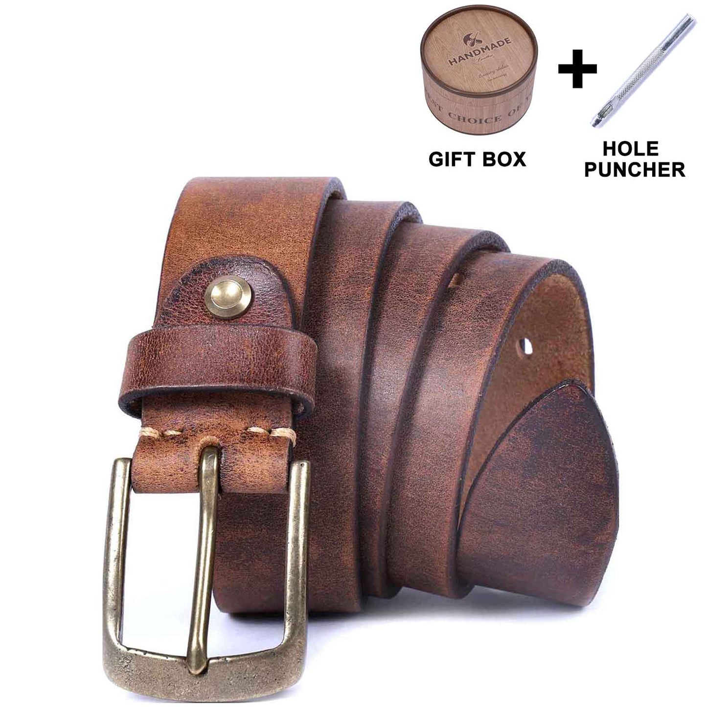 Thick Full Grain Men's Belt | Genuine Leather & Vintage Brass Buckle