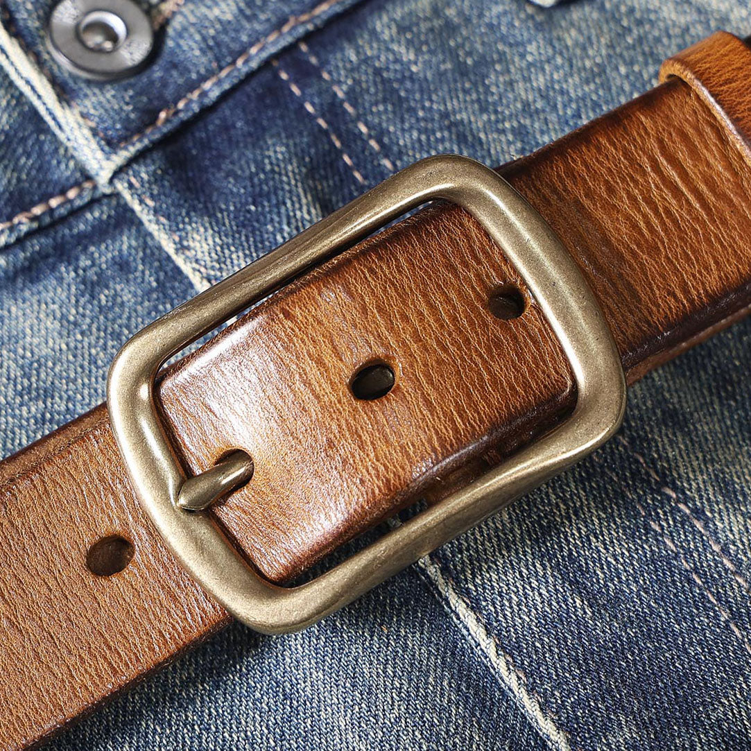 Vintage Genuine Leather Men's Belt |Thick Full Grain | With Solid Brass Buckle | WIECZNE Leather