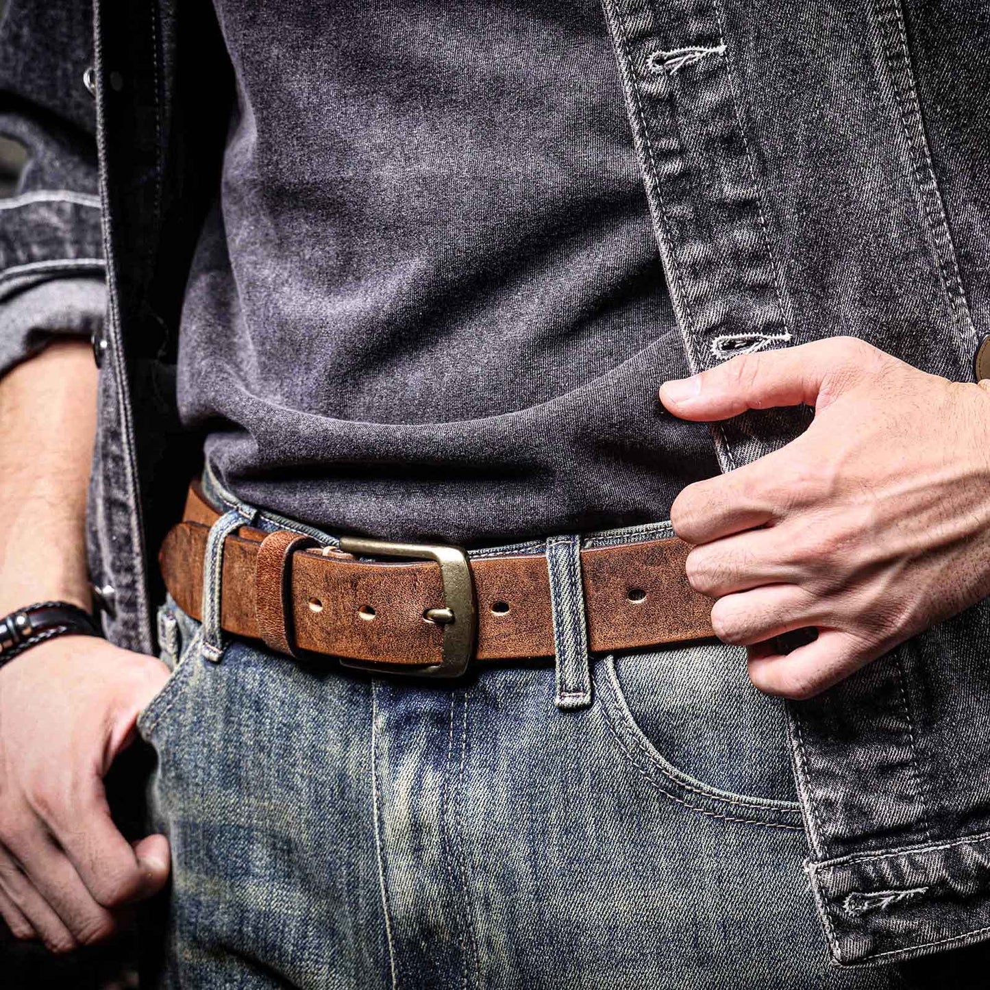 Thick Full Grain Men's Belt | Genuine Leather & Vintage Brass Buckle