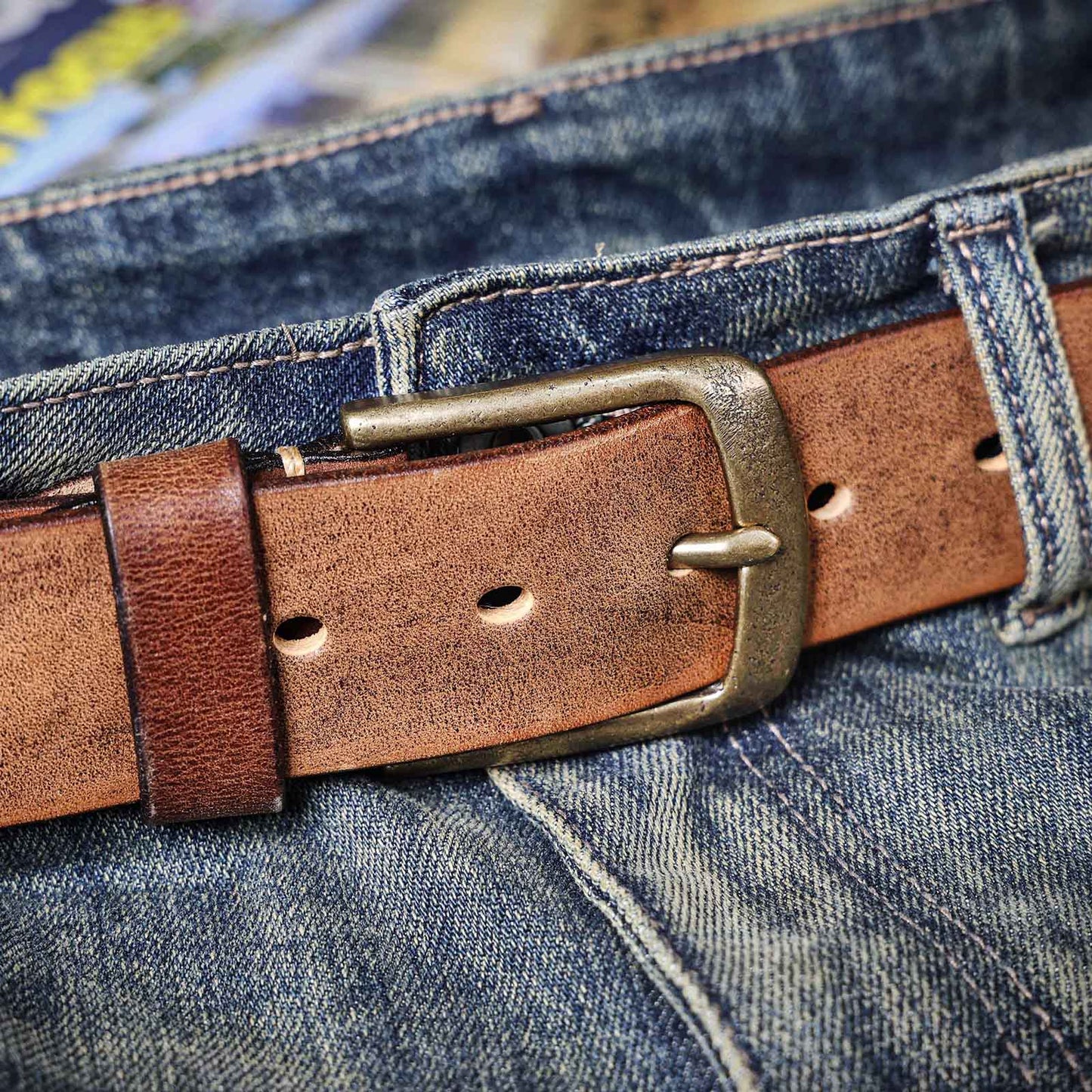 Thick Full Grain Men's Belt | Genuine Leather & Vintage Brass Buckle