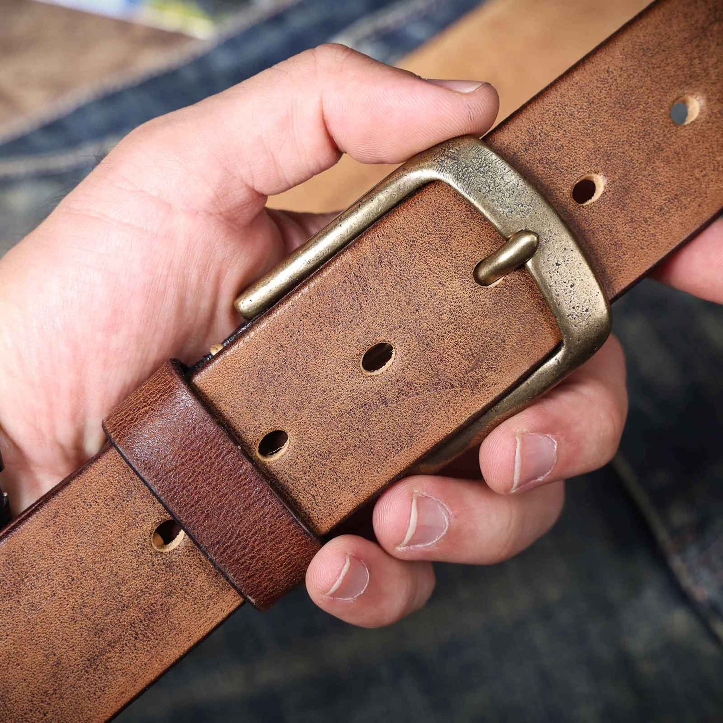 Thick Full Grain Men's Belt | Genuine Leather & Vintage Brass Buckle