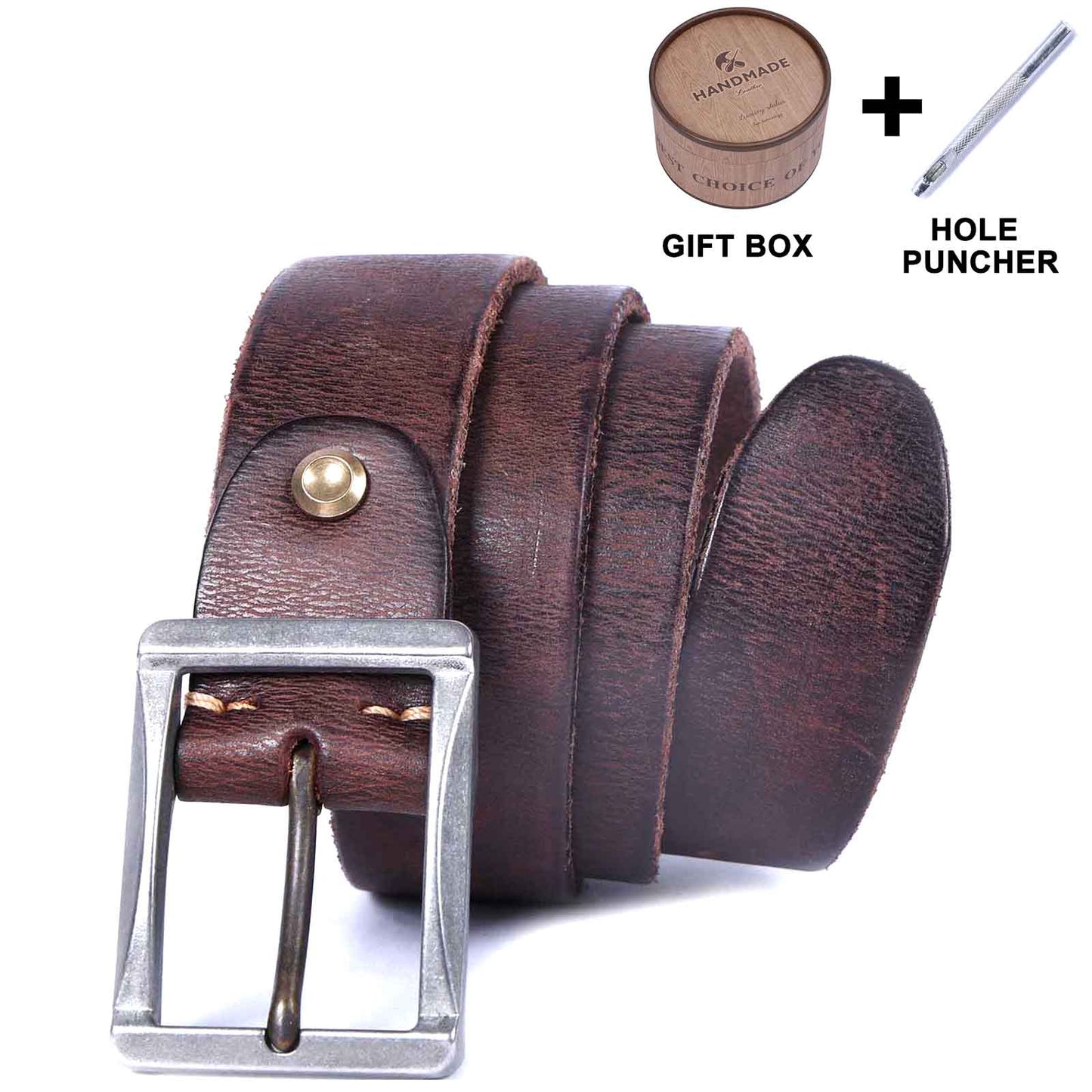 Vintage Leather Men's Belt | Genuine Full Grain | Stainless Steel Buckle