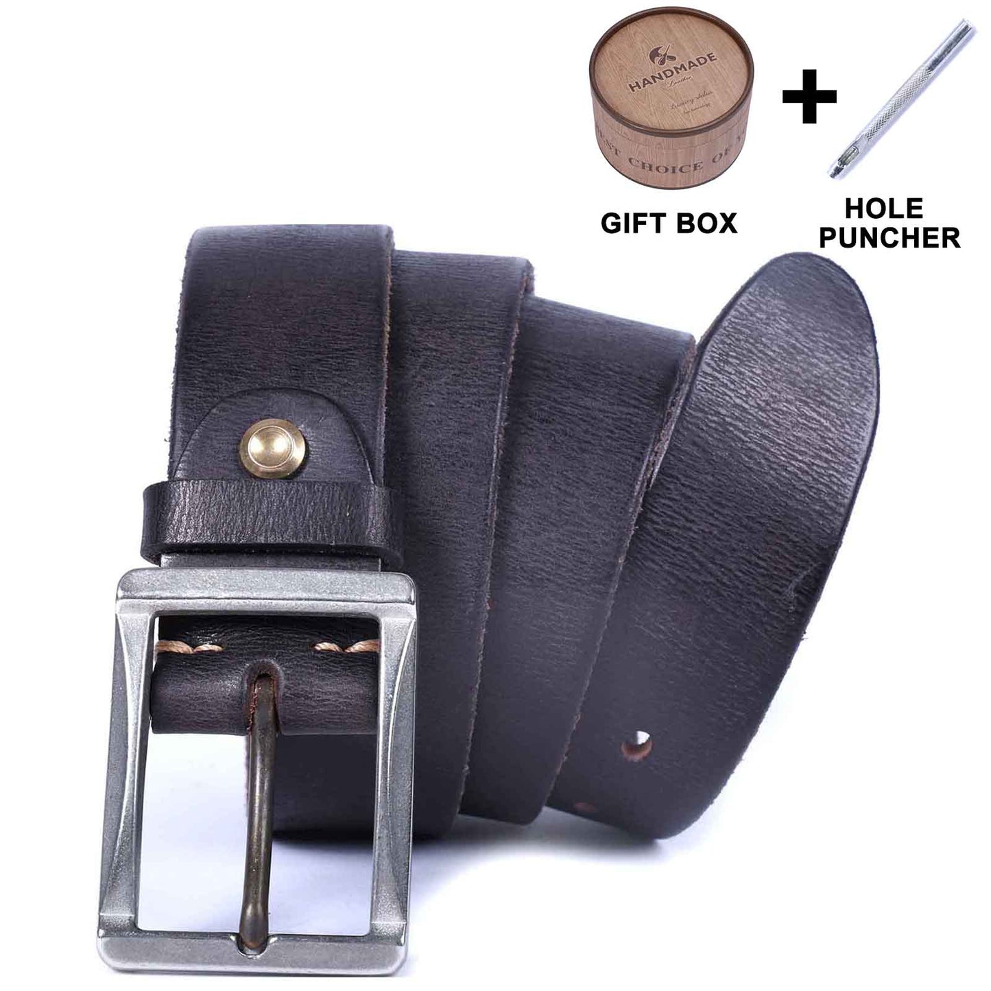 Vintage Leather Men's Belt | Genuine Full Grain | Stainless Steel Buckle