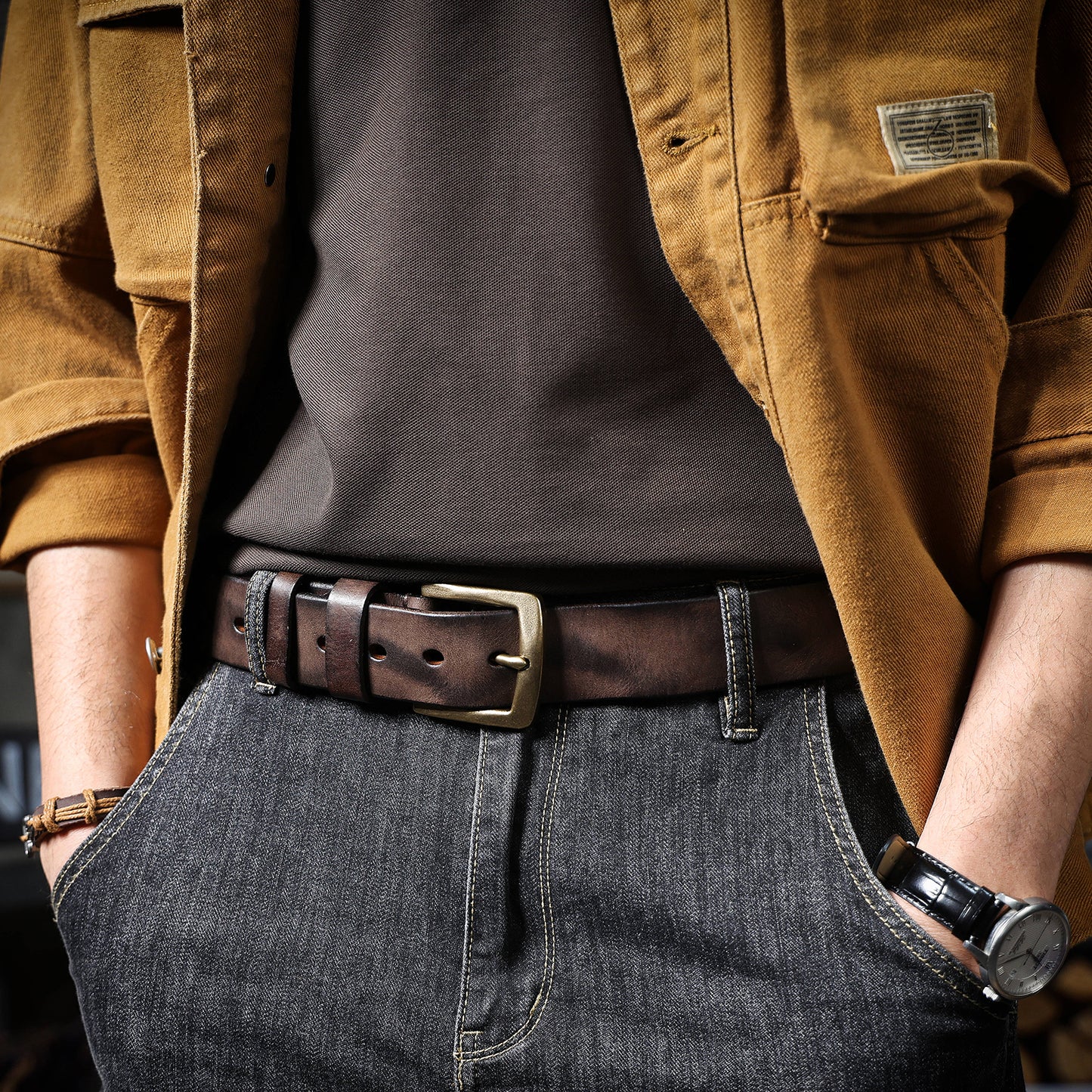 Thick Full Grain Men's Belt | Genuine Leather & Solid Brass Buckle | WIECZNE Leather