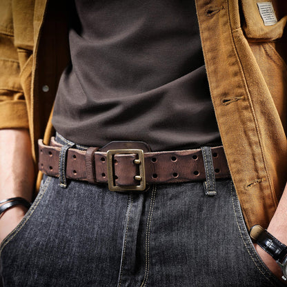 Genuine Leather Men's Belt | Thick Full Grain | Vintage Brass Buckle