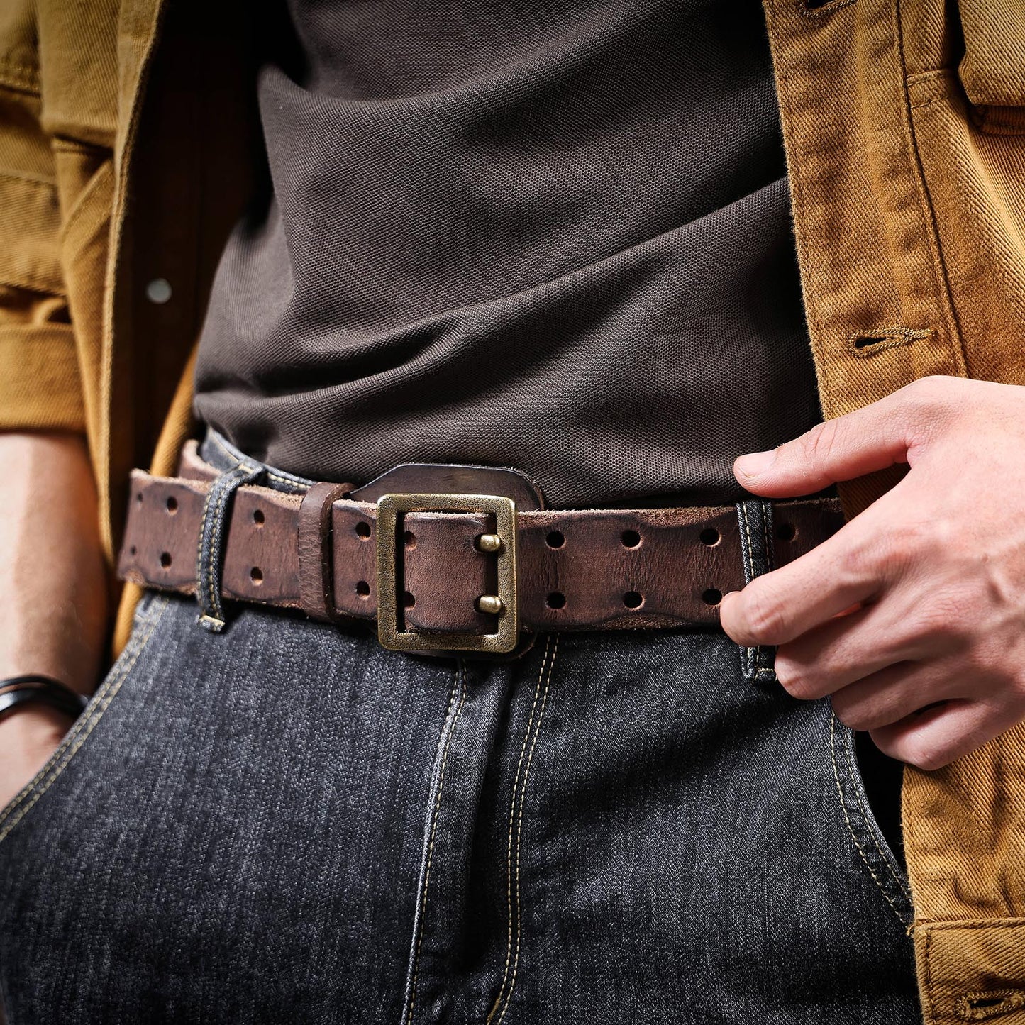 Genuine Leather Men's Belt | Thick Full Grain | Vintage Brass Buckle