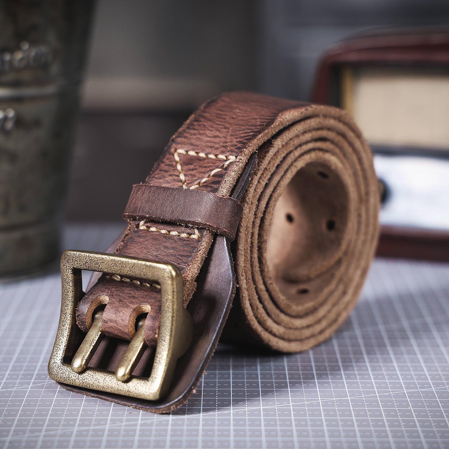 Genuine Leather Men's Belt | Thick Full Grain | Vintage Brass Buckle