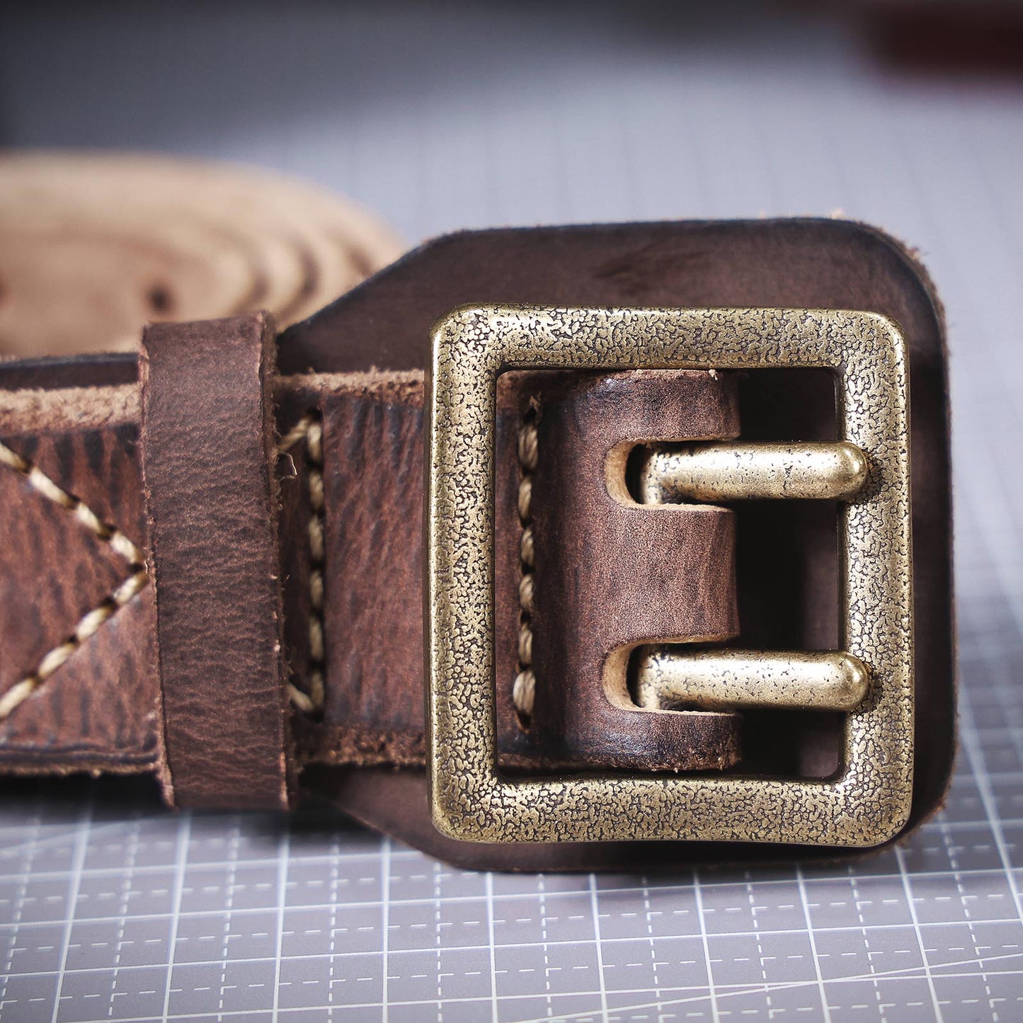 Genuine Leather Men's Belt | Thick Full Grain | Vintage Brass Buckle