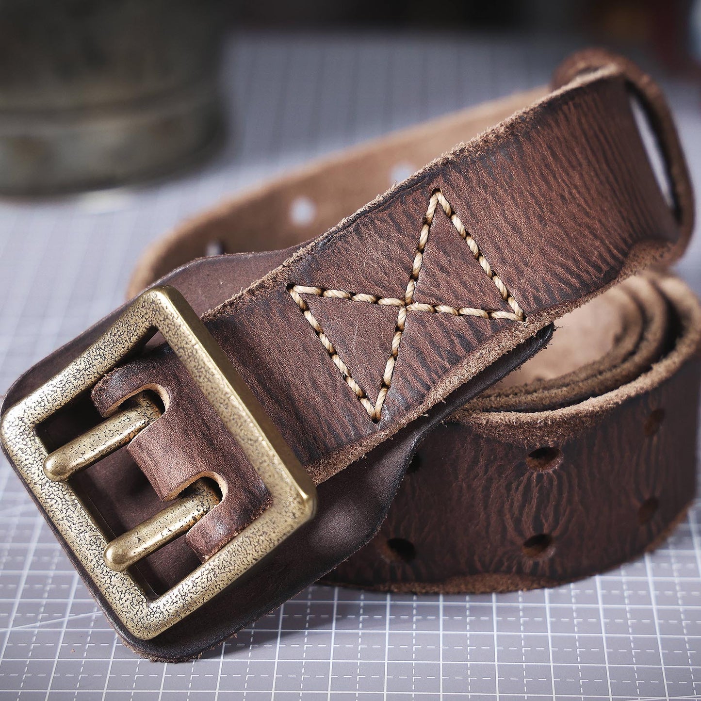 Genuine Leather Men's Belt | Thick Full Grain | Vintage Brass Buckle