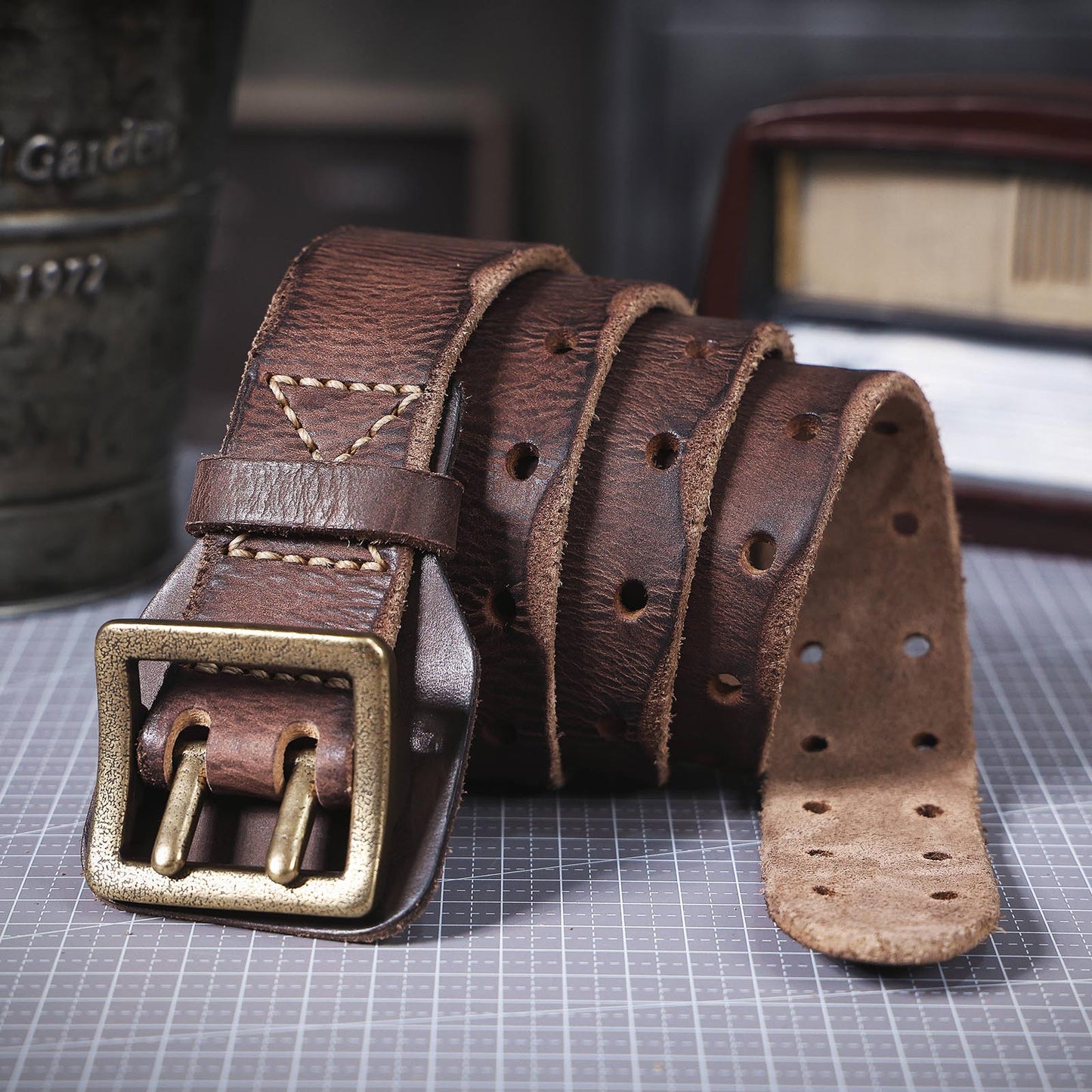 Genuine Leather Men's Belt | Thick Full Grain | Vintage Brass Buckle