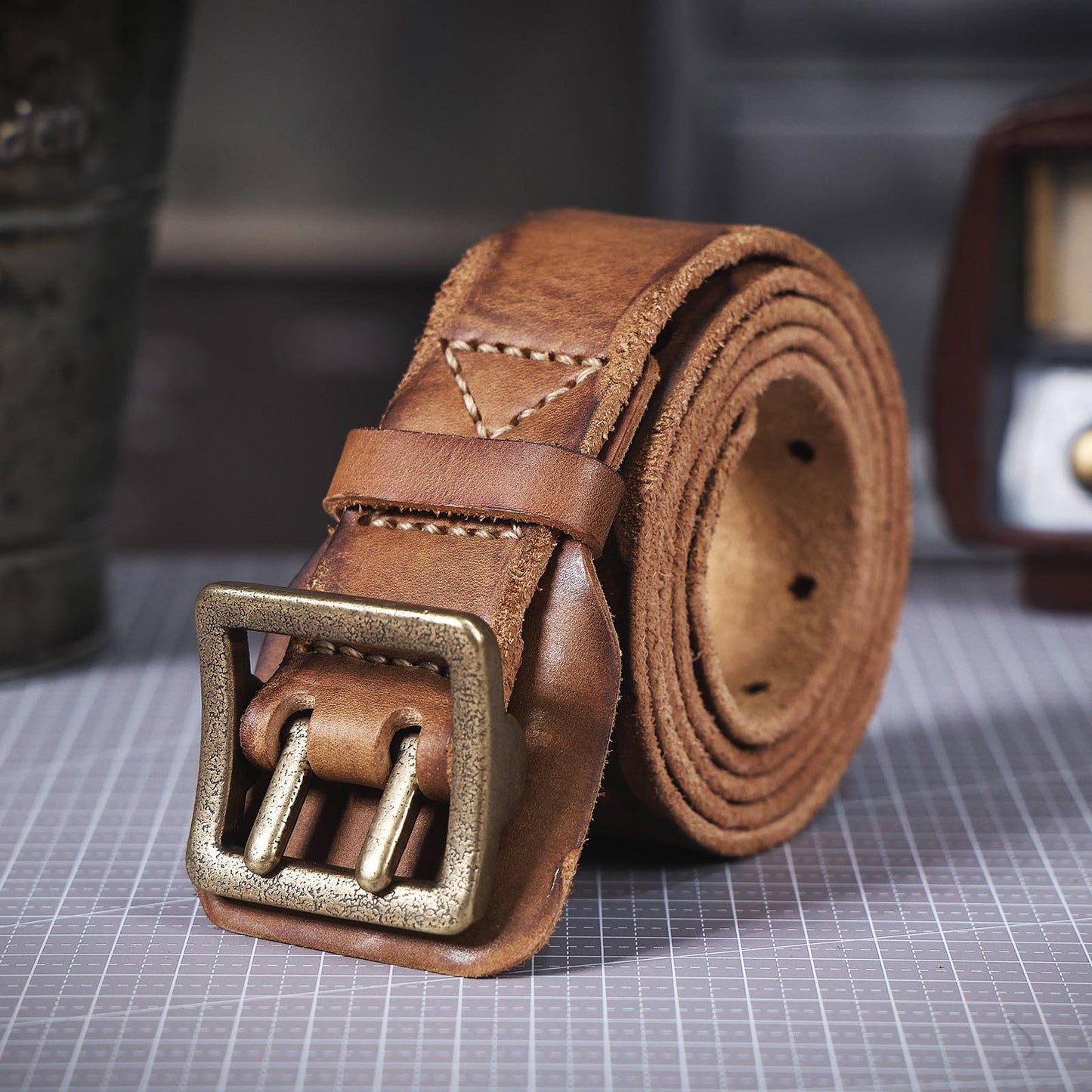 Genuine Leather Men's Belt | Thick Full Grain | Vintage Brass Buckle