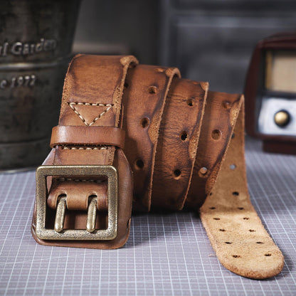 Genuine Leather Men's Belt | Thick Full Grain | Vintage Brass Buckle