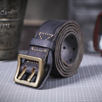 Genuine Leather Men's Belt | Thick Full Grain | Vintage Brass Buckle