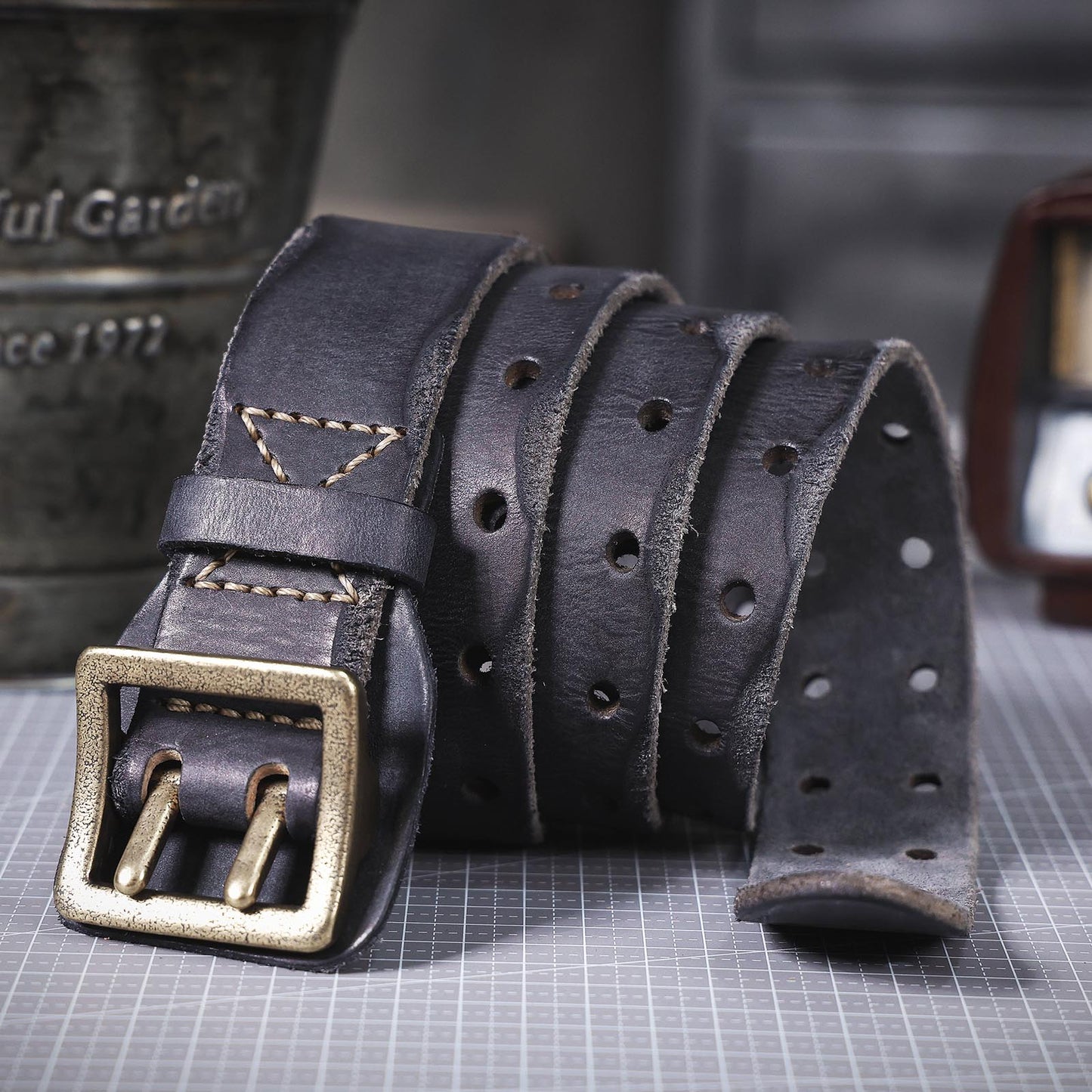 Genuine Leather Men's Belt | Thick Full Grain | Vintage Brass Buckle