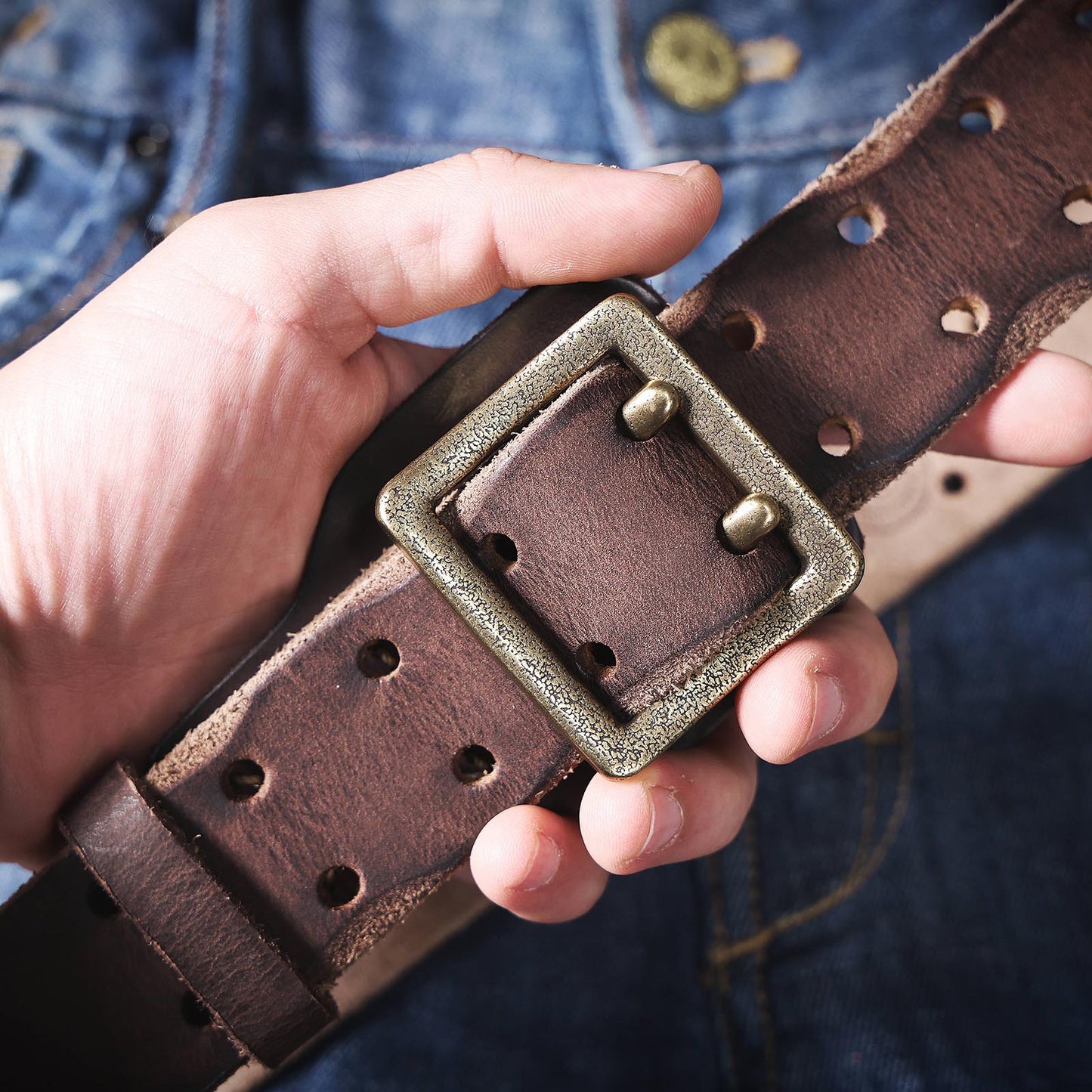 Genuine Leather Men's Belt | Thick Full Grain | Vintage Brass Buckle