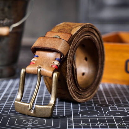 Vintage Genuine Leather Men's Belt | Thick Full Grain | Solid Brass Buckle