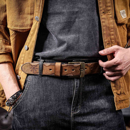 Vintage Genuine Leather Men's Belt | Thick Full Grain | Solid Brass Buckle