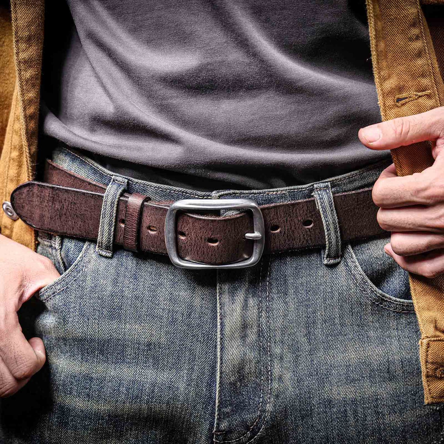 Vintage Leather Men's Belt | Genuine Full Grain | Stainless Steel Buckle