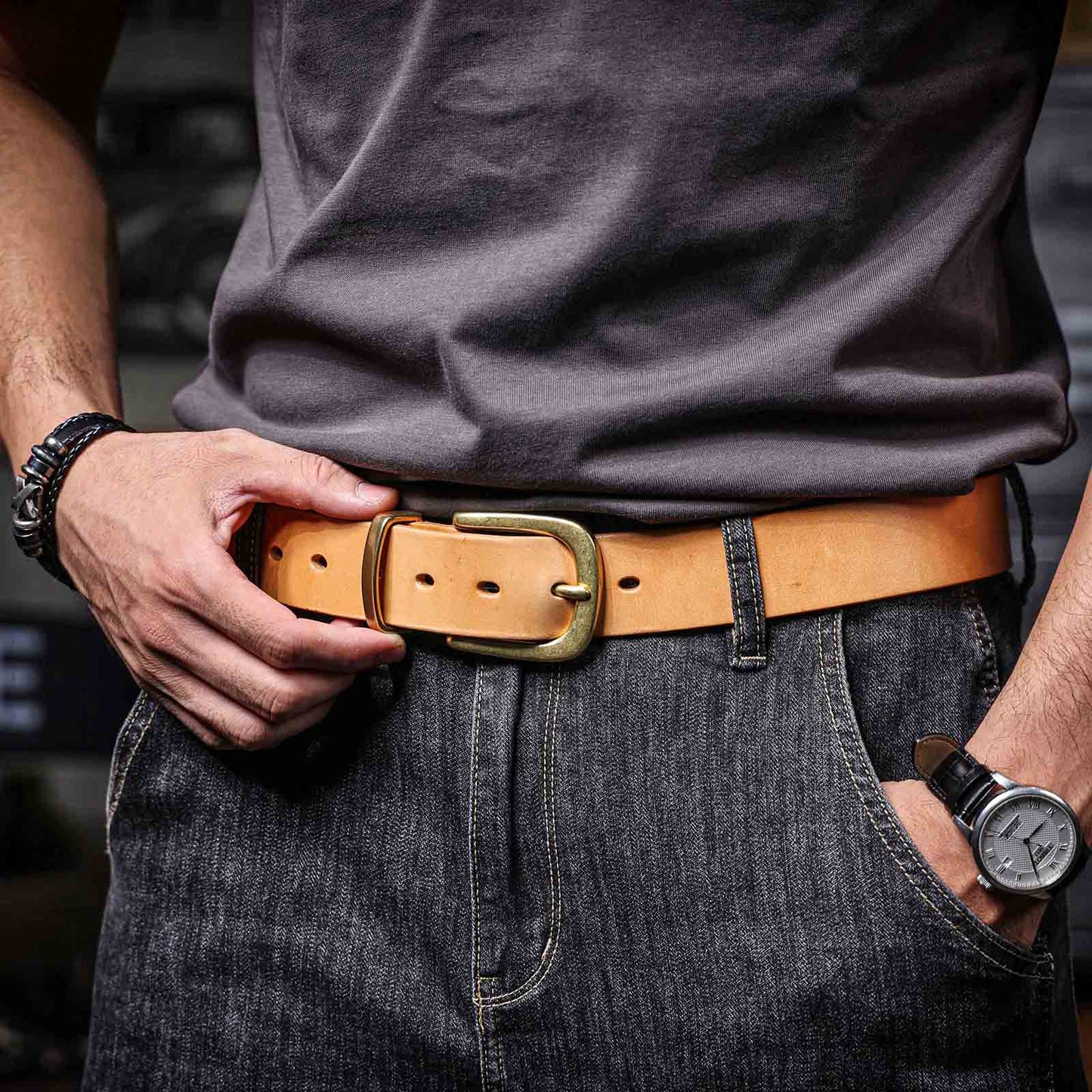 Genuine Leather Men's Belt | Original Thick Full Grain | Solid Brass Buckle