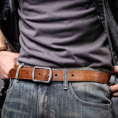 Vintage Leather Men's Belt | Genuine Full Grain | Stainless Steel Buckle