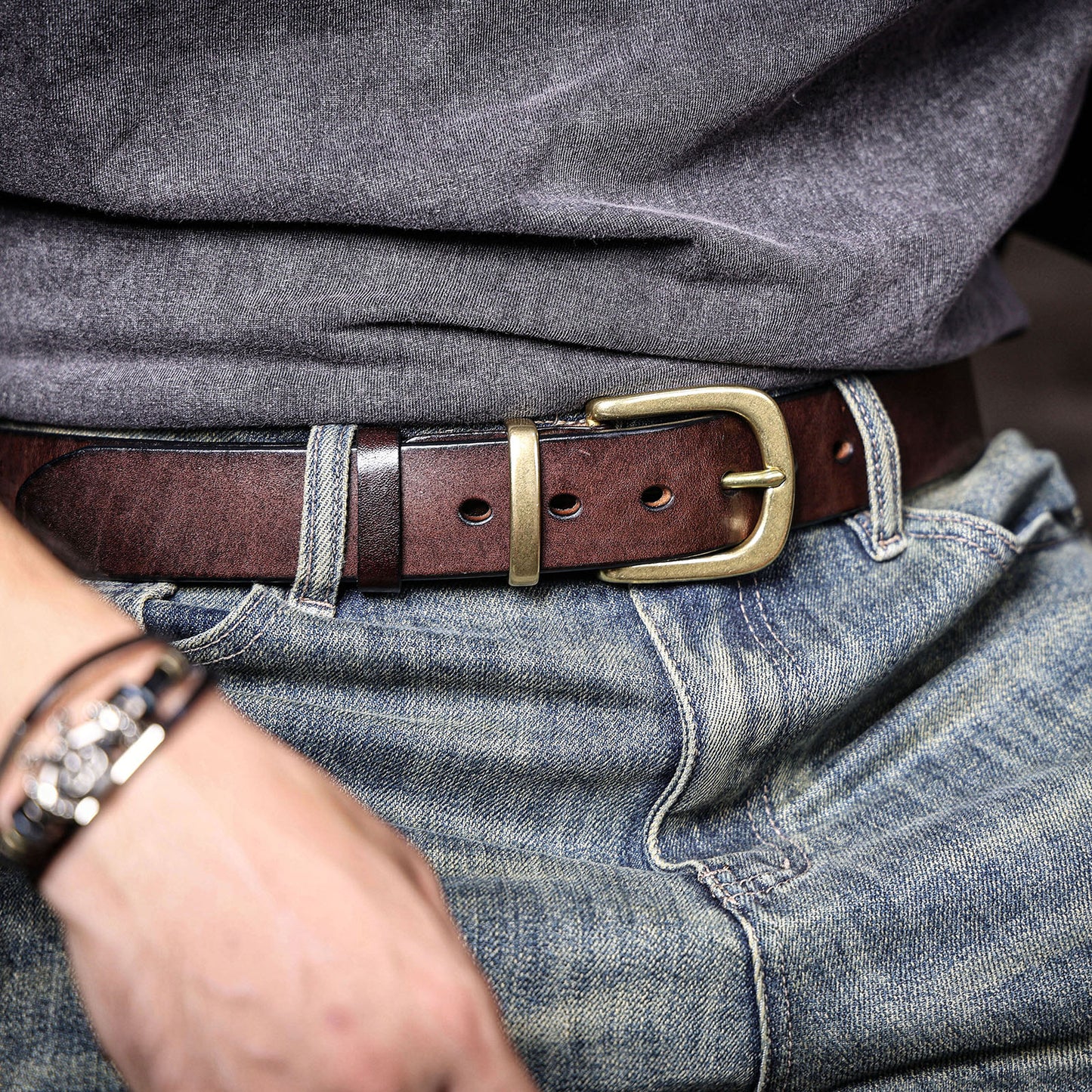 Genuine Leather Men's Belt |Thick Full Grain | Solid Brass Buckle