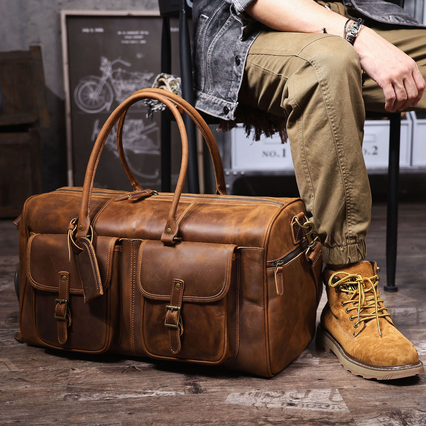 Men's Leather Duffel Bag | Vintage Full Grain Travel Bag