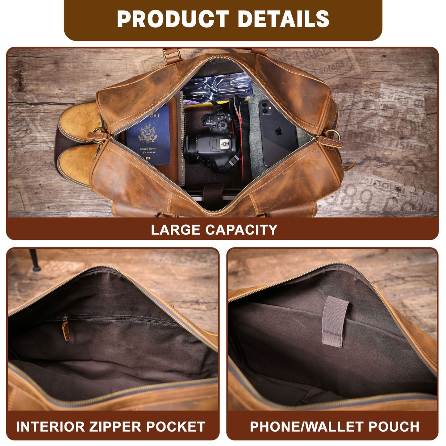 Men's Leather Duffel Bag | Vintage Full Grain Travel Bag