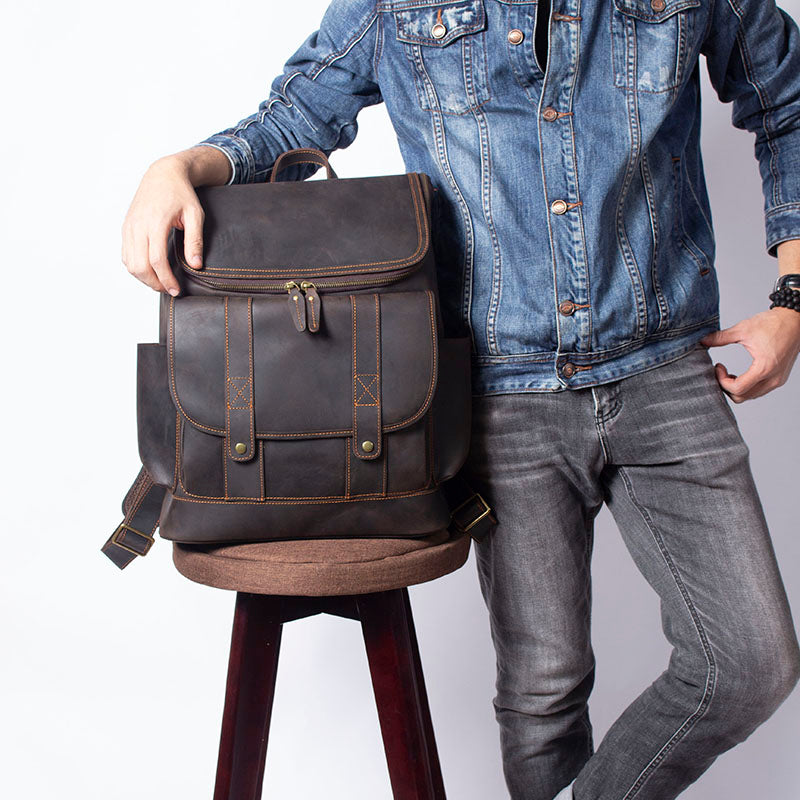 Men's Vintage Leather Backpack |  Full Grain Leather | 17" Large Daypack