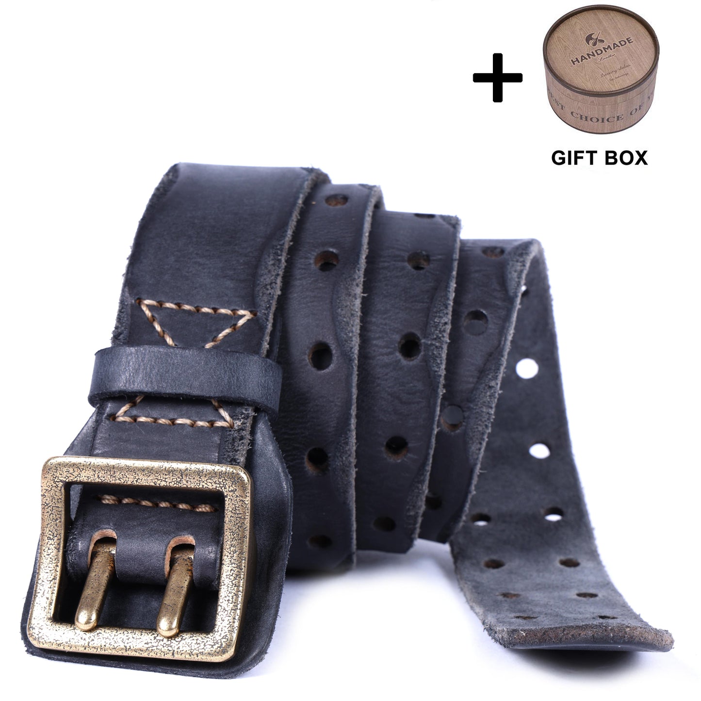 Genuine Leather Men's Belt | Thick Full Grain | Vintage Brass Buckle