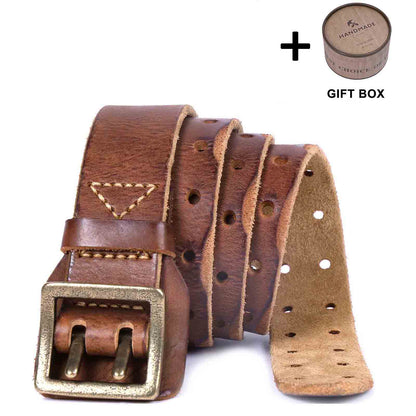 Genuine Leather Men's Belt | Thick Full Grain | Vintage Brass Buckle