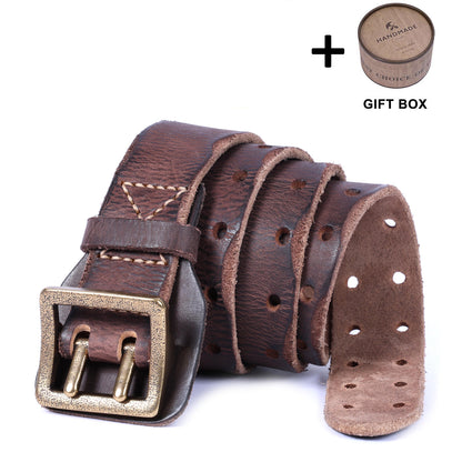 Genuine Leather Men's Belt | Thick Full Grain | Vintage Brass Buckle