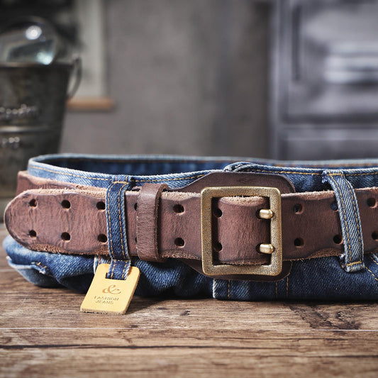 Genuine Leather Men's Belt | Thick Full Grain | Vintage Brass Buckle